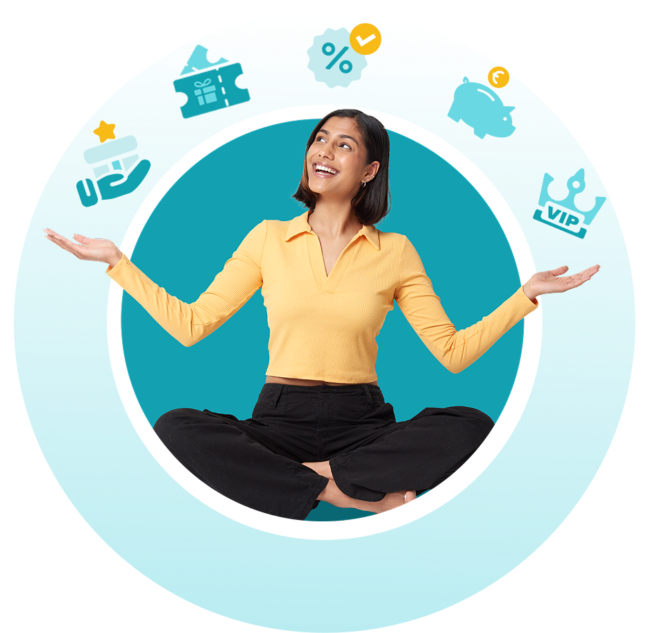 Smiling woman with arms raised, surrounded by gift icons and shopping elements, symbolising customer satisfaction from receiving a reward.