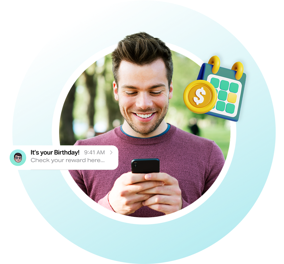 Smiling man holding a phone with a promotional popup on screen, representing campaign promotion through digital channels.