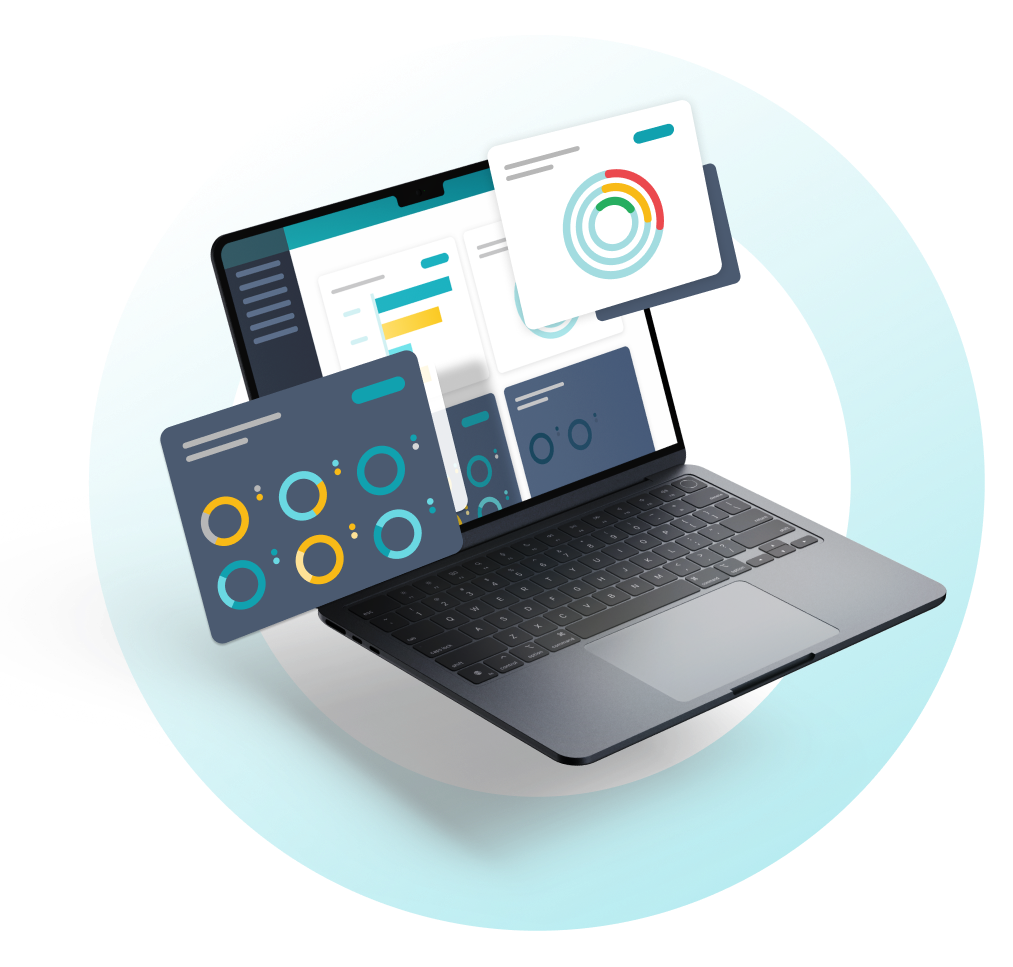 Laptop screen displaying charts, checklists, and customer data dashboards, representing tracking and validating reward program participation.