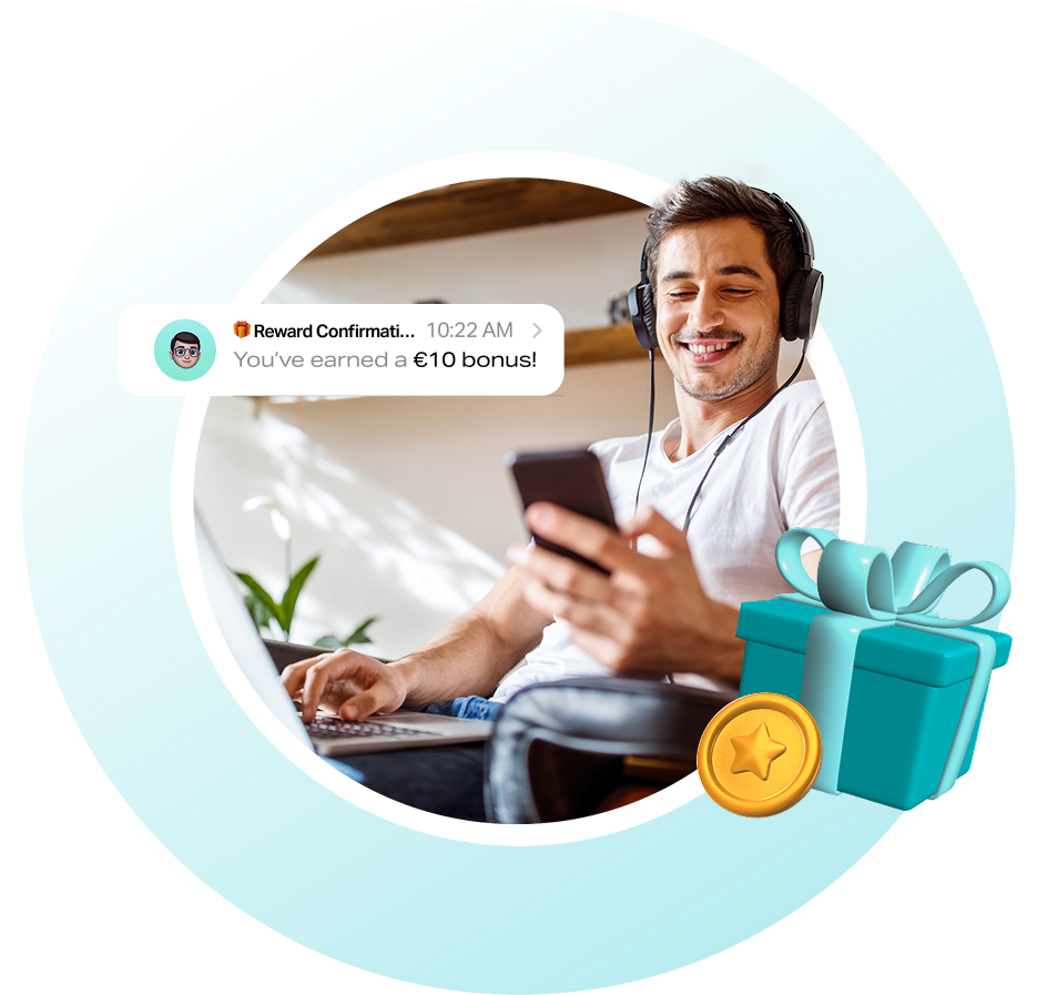 Happy customer receiving a reward notification on a laptop, with gift and confirmation icons representing seamless reward delivery.