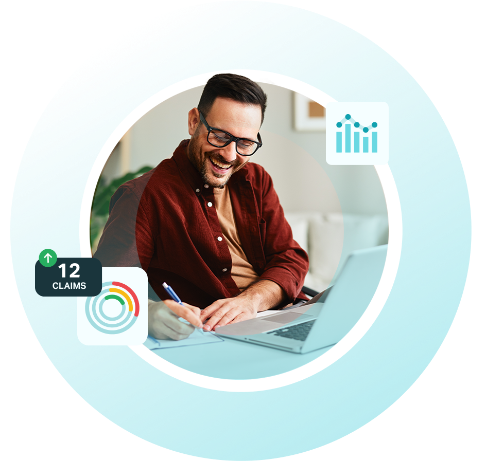 Person analysing campaign data on a laptop, with chart icons representing performance monitoring and optimisation.

