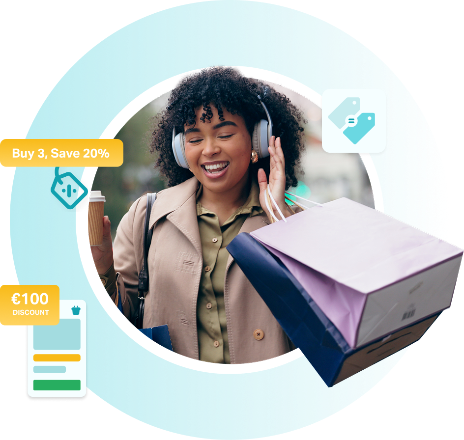 Woman holding gift boxes with reward icons and a text overlay promoting time-sensitive rewards.