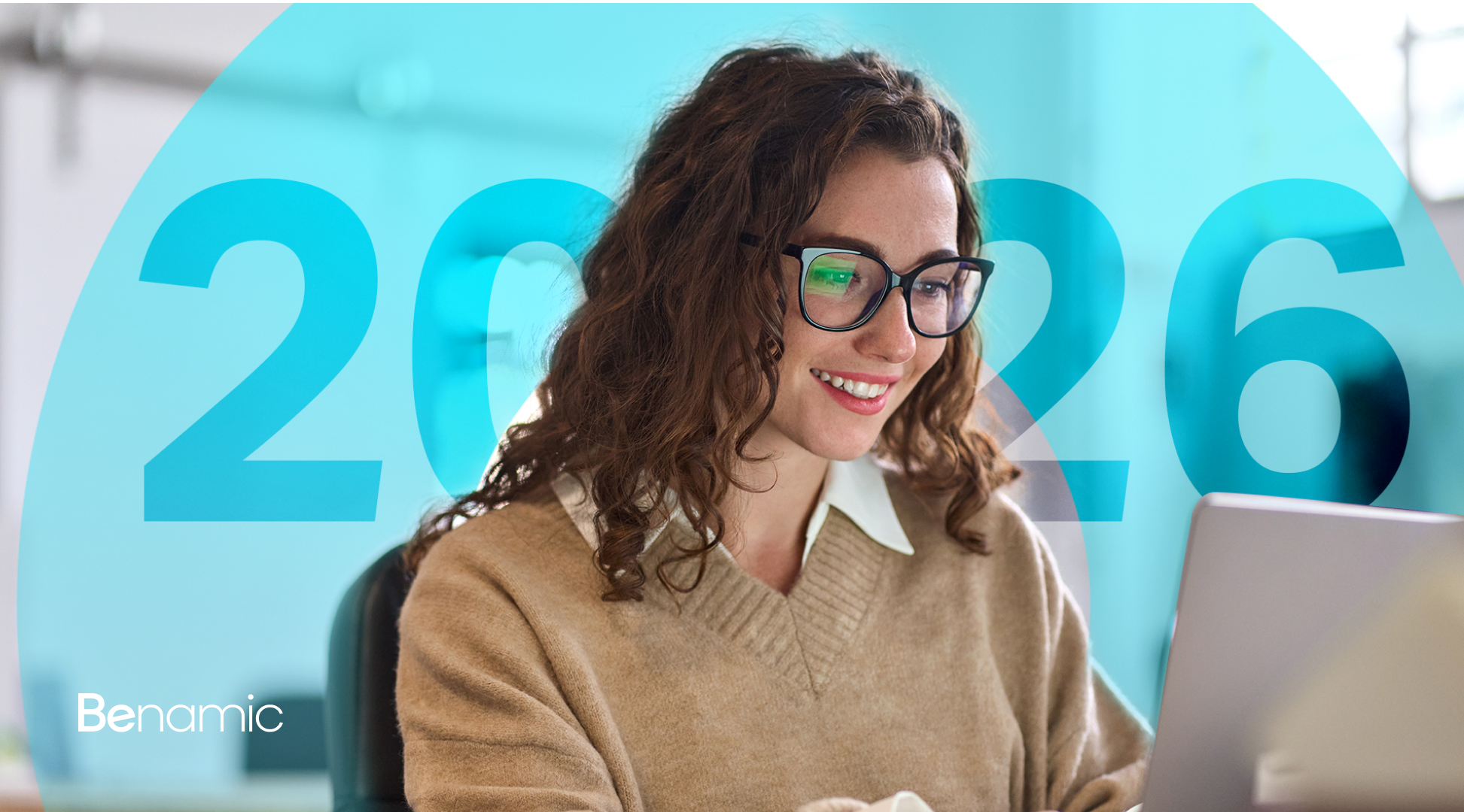 Woman reviewing promotional marketing trends for 2026 on her laptop.